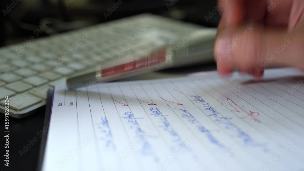 Poster close-up of a hand ticking off completed tasks in a notebook, showcasing productivity and efficiency