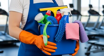 person equipped with orange gloves and a blue apron holds a vibrant blue bucket packed with cleaning essentials—spray bottles, microfiber cloths, brushes, and a squeegee—ready for a thorough sanitizin