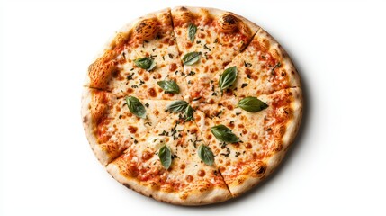 Freshly Baked Margherita Pizza with Basil Leaves on Wooden Plate