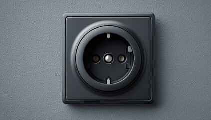 Close-up of a modern dark gray electrical outlet, mounted on a textured gray wall.  The outlet is square, with a recessed circular faceplate.  Three small, light-colored contact points are visible