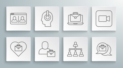 Set line Heart with text work, Freelancer, Hierarchy organogram chart, Online working, Camera and Video chat conference icon. Vector