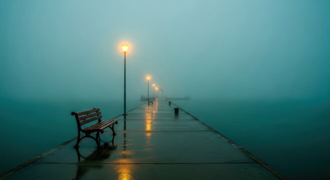 Misty pier with a bench and street lights - Powered by Adobe