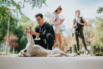 A group of friends relax at a park, interacting with dogs and enjoying leisure time outdoors. The setting captures casual fitness, companionship, and an appreciation of nature.