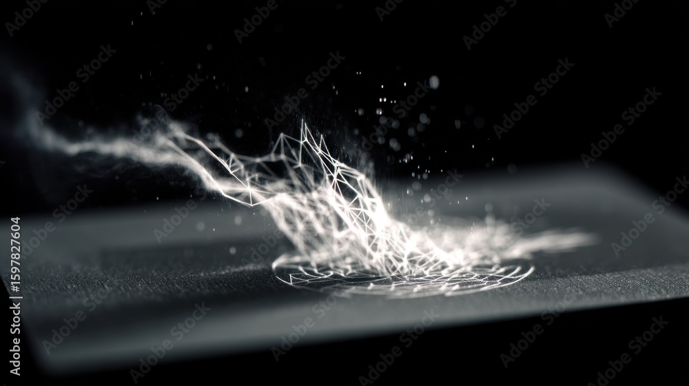 Poster white mist gently deposits onto a dark paper card. emanating from a fingerprint like design. and fin