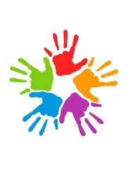 Vector image of a kid's hands with prints of the colors red, green, blue, yellow, and purple, isolated on a white background.