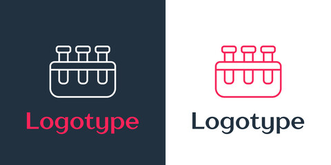Logotype line Test tube and flask chemical laboratory test icon isolated on white background. Laboratory glassware sign. Logo design template element. Vector