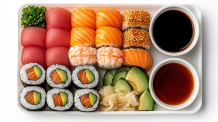 Freshly Prepared Sushi Assortment with Soy Sauce and Garnish