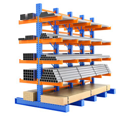 Cantilever modular storage racking system isolated on transparent background - 3d PNG illustration