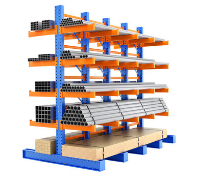Cantilever modular storage racking system isolated on transparent background - 3d PNG illustration