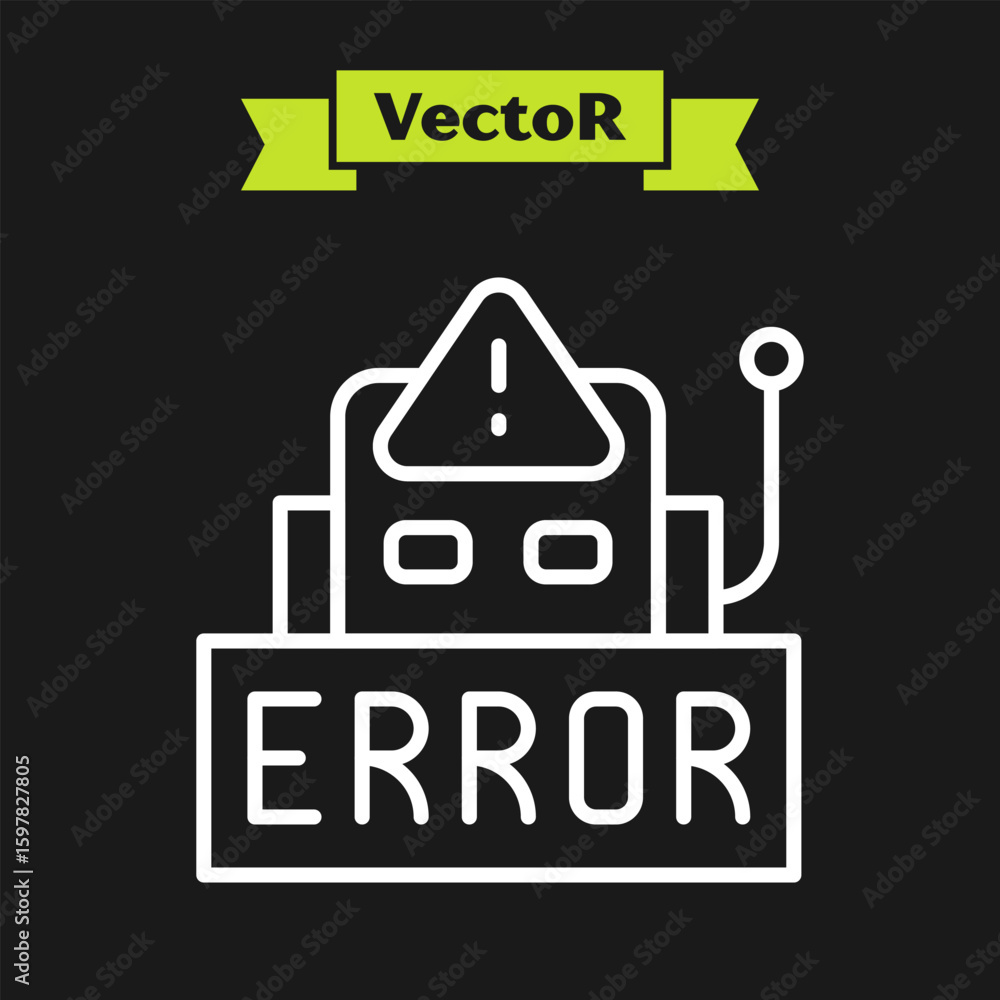 Poster white line error in the operation program of the robot icon isolated on black background. a broken c