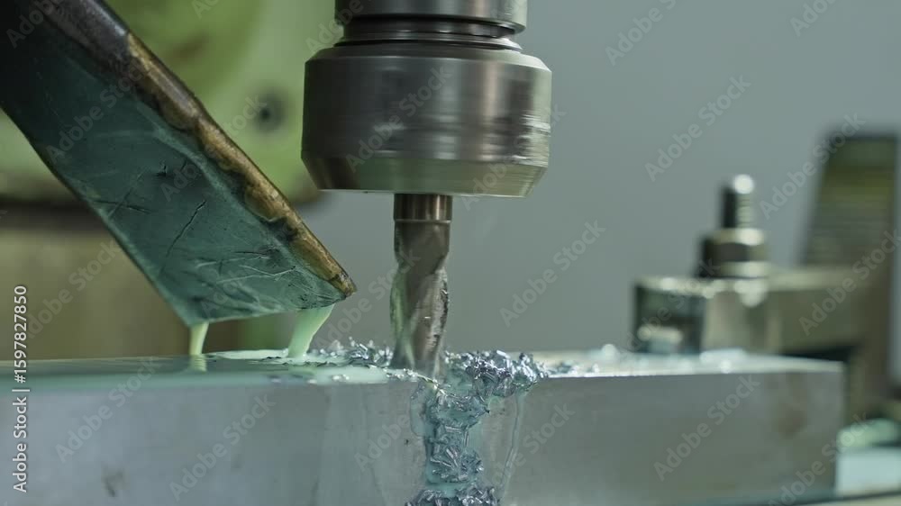 Poster close up of lathe cutting metal with coolant and sharp rotating bit