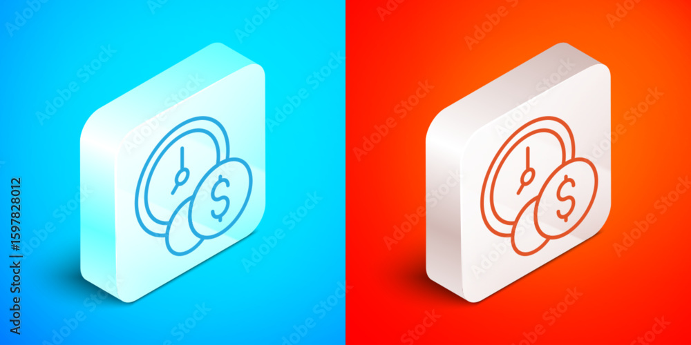 Poster isometric line time is money icon isolated on blue and red background. money is time. effective time