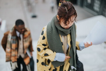 Two multicultural individuals seen walking up an outdoor staircase. They are wearing diverse,...