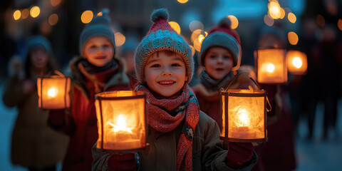 Joyful children singing traditional songs while carrying glowing lanterns during a St. Martin's Day night walk, surrounded by families and warm community spirit. Banner with copy space