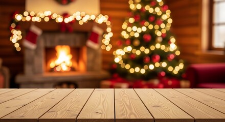 Wooden tabletop in front of a blurred Christmas scene with fireplace and tree.