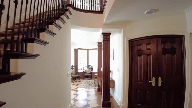 Elegant, curved staircase in a spacious foyer with decorative, dark wood details
