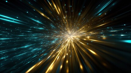 Luminous sci-fi tunnel with cyan gold energy core radiating velocity trails, cosmic stardust particles for digital interface and innovation visuals.

