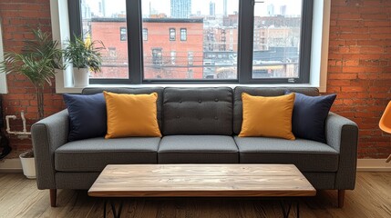 Cozy Living Room Sofa with Colorful Cushions and Urban Views