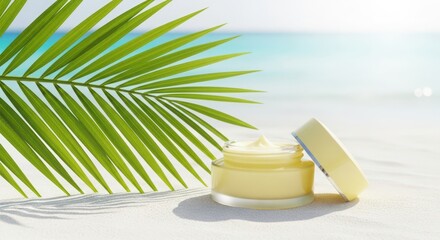 Obraz premium Tropical skincare cream on a sunny beach