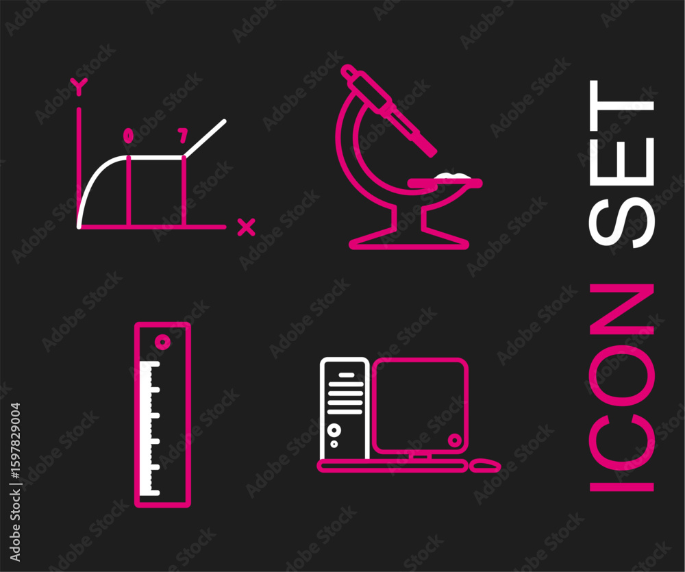 Poster set line computer monitor with keyboard and mouse, ruler, microscope and pie chart infographic icon.