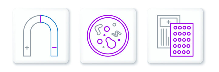 Set line Pills in blister pack, Magnet and Bacteria icon. Vector