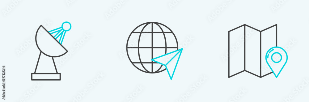Aufkleber set line folded map with location marker, radar and location the globe icon. vector