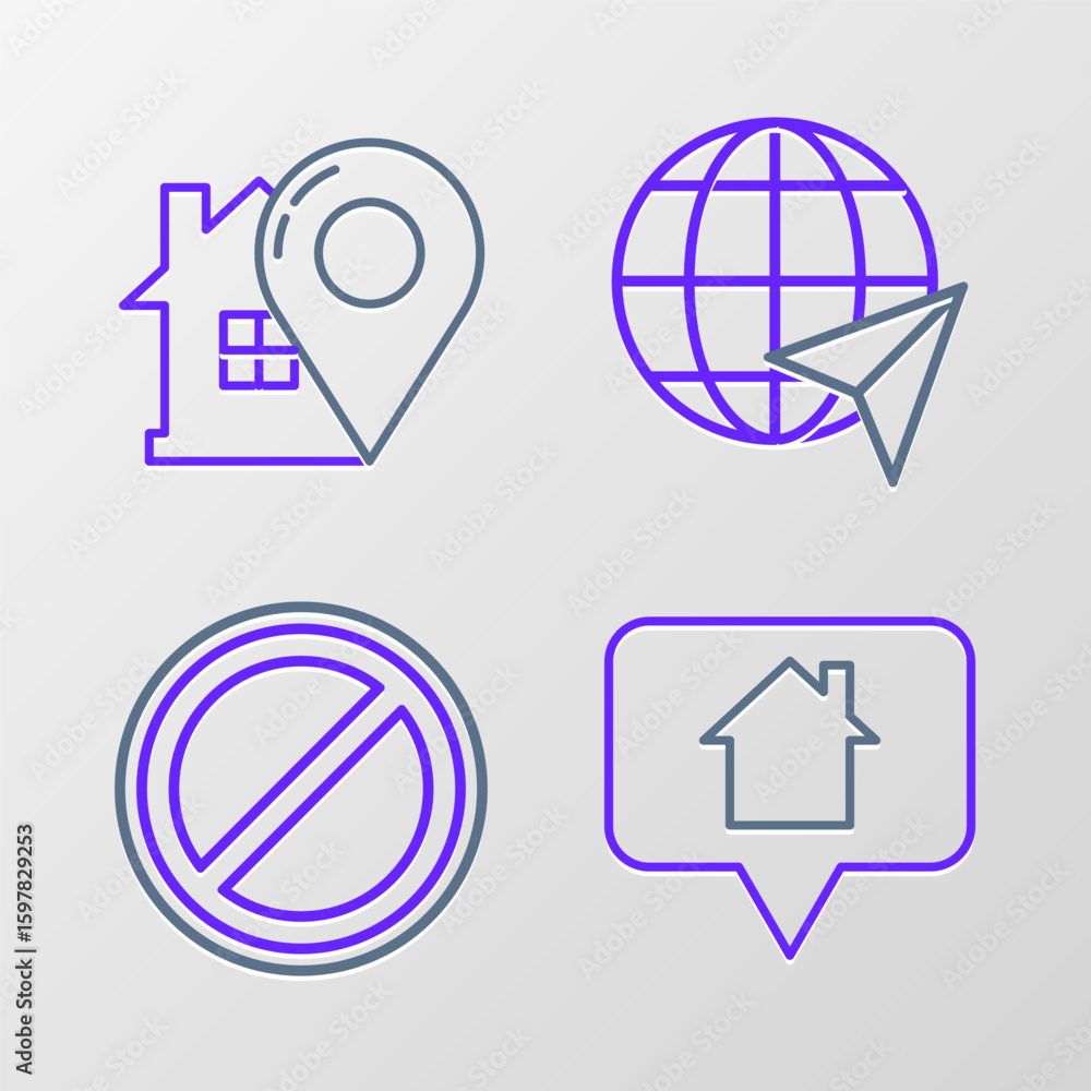 Poster set line map pointer with house, stop sign, location on the globe and icon. vector