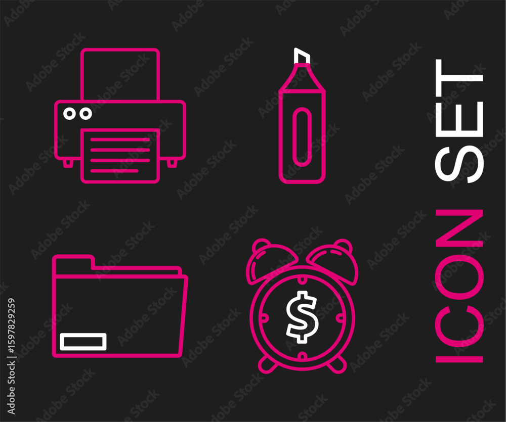 Aufkleber set line alarm clock with dollar symbol, document folder, marker pen and printer icon. vector
