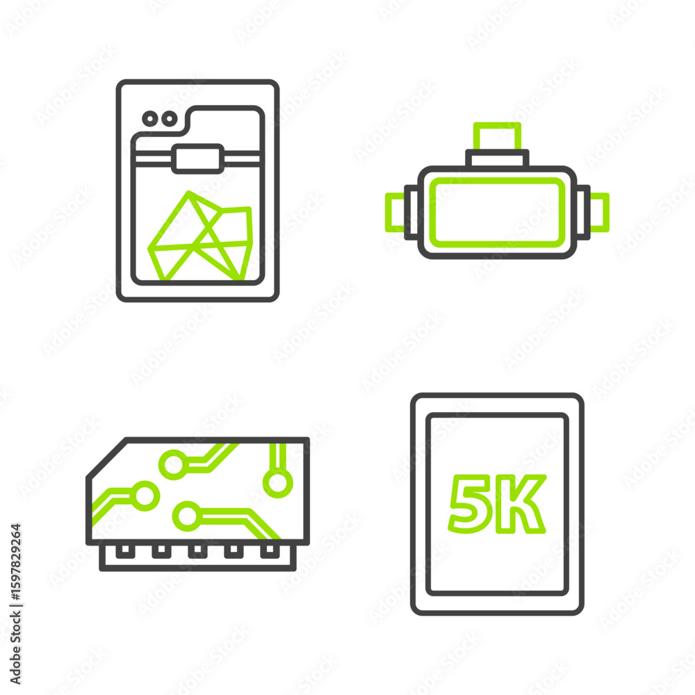 Poster set line tablet with text 5k, ram, random access memory, virtual reality glasses and 3d printer icon