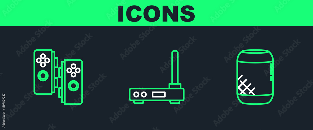 Poster set line voice assistant, gamepad and router and wi-fi signal icon. vector