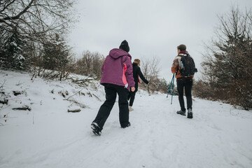 A group of three friends hiking along a wintry path surrounded by snow-covered trees and nature,...