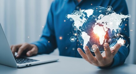 Global Network Connection: Man Holding Digital World Map with Glowing Icons