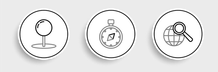 Fototapeta premium Set line Magnifying glass with globe, Push pin and Compass icon. Vector