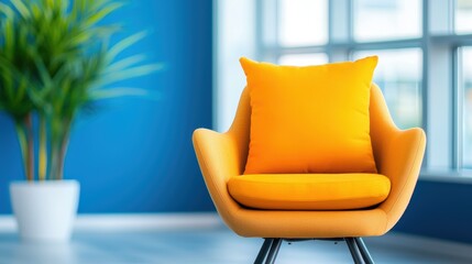 Bright Yellow Chair in Modern Interior with Blue Wall and Plant