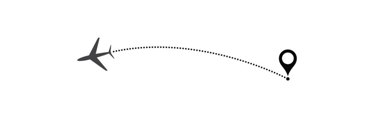 air plane flight route with start point and dash line trace. Various aircraft and destination location pins icons. Aircraft tracking, planes, travel, map