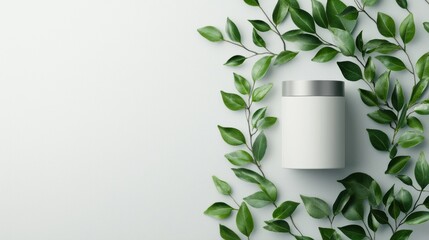 Minimalist White Jar Surrounded by Fresh Green Leaves on Bright Surface