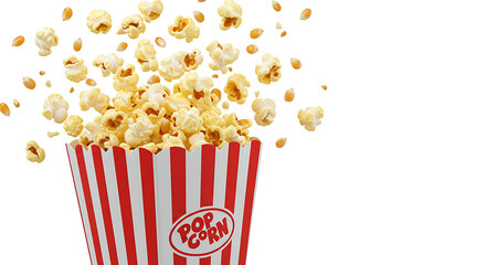bucket of popcorn, Popcorn flying out of red white striped paper box isolated on white, transparent background, PNG, with copy space. Splash, levitation of popcorn grains., box of popcorn