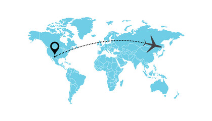 Obraz premium air plane flight route with start point and dash line trace. Various aircraft and destination location pins icons. Aircraft tracking, planes, travel, map