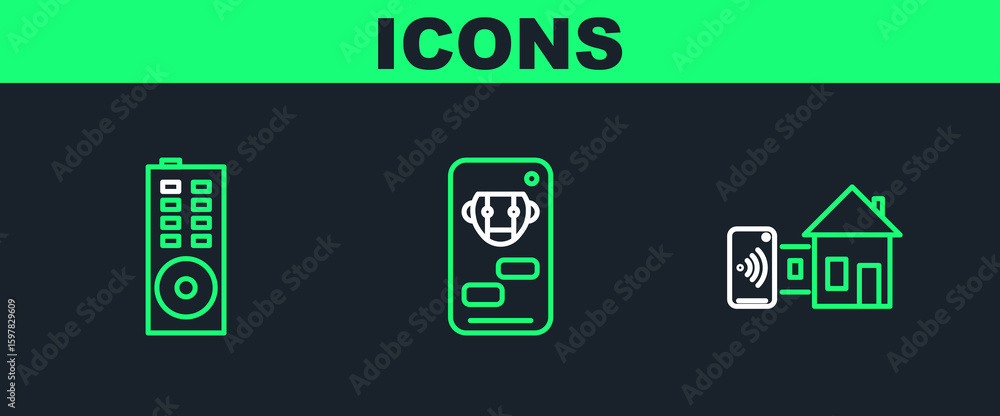 Poster set line smart home, remote control and bot icon. vector