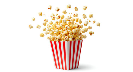 bucket of popcorn, Popcorn flying out of red white striped paper box isolated on white, transparent background, PNG, with copy space. Splash, levitation of popcorn grains., box of popcorn