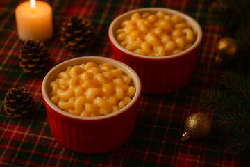 Macaroni and cheese served in red ramekins with holiday decor