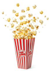 bucket of popcorn, Popcorn flying out of red white striped paper box isolated on white, transparent background, PNG, with copy space. Splash, levitation of popcorn grains., box of popcorn