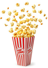 bucket of popcorn, Popcorn flying out of red white striped paper box isolated on white, transparent background, PNG, with copy space. Splash, levitation of popcorn grains., box of popcorn