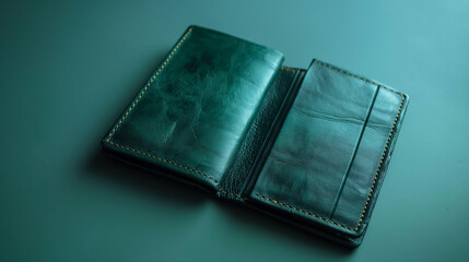 Business card holder in emerald green leather displaying sleek elegance, perfect for storing credit cards. Business card holder, designed with premium leather,