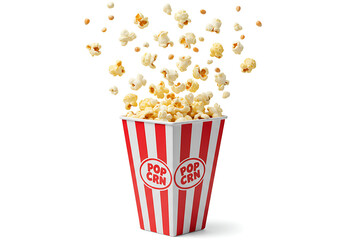bucket of popcorn, Popcorn flying out of red white striped paper box isolated on white, transparent background, PNG, with copy space. Splash, levitation of popcorn grains., box of popcorn