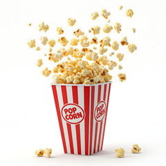bucket of popcorn, Popcorn flying out of red white striped paper box isolated on white, transparent background, PNG, with copy space. Splash, levitation of popcorn grains., box of popcorn
