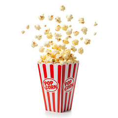 bucket of popcorn, Popcorn flying out of red white striped paper box isolated on white, transparent background, PNG, with copy space. Splash, levitation of popcorn grains., box of popcorn