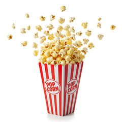 bucket of popcorn, Popcorn flying out of red white striped paper box isolated on white, transparent background, PNG, with copy space. Splash, levitation of popcorn grains., box of popcorn