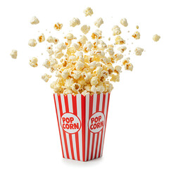 bucket of popcorn, Popcorn flying out of red white striped paper box isolated on white, transparent background, PNG, with copy space. Splash, levitation of popcorn grains., box of popcorn
