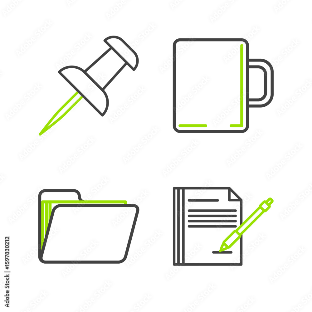 Poster set line blank notebook and pen, document folder, coffee cup and push pin icon. vector
